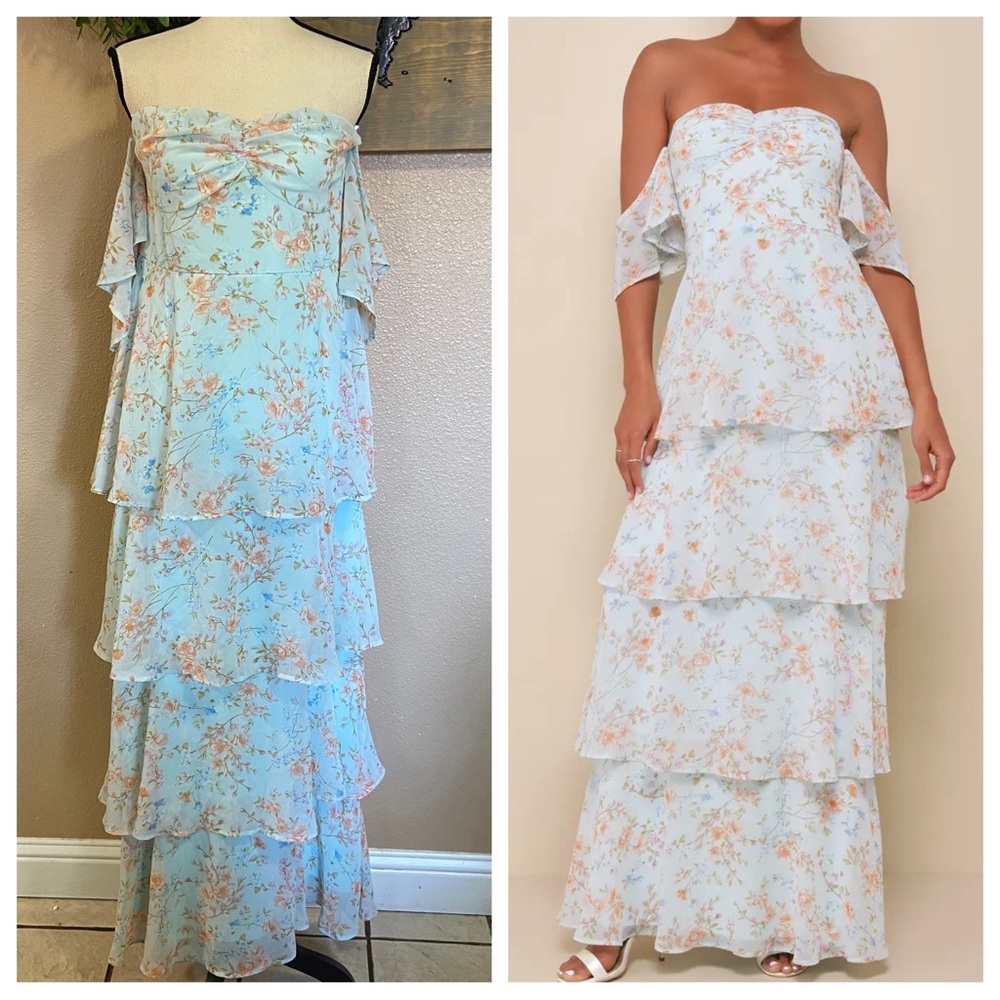 NWOT Lulus Charming Passion Mint Green Floral Off-the-Shoulder Maxi Dress